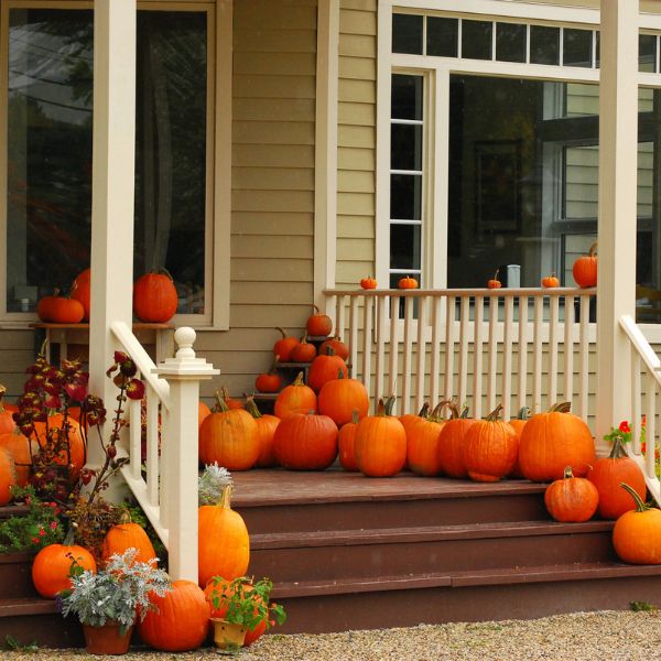 Pumpkin-shaped string lights hanging on a fence for Halloween ambiance.